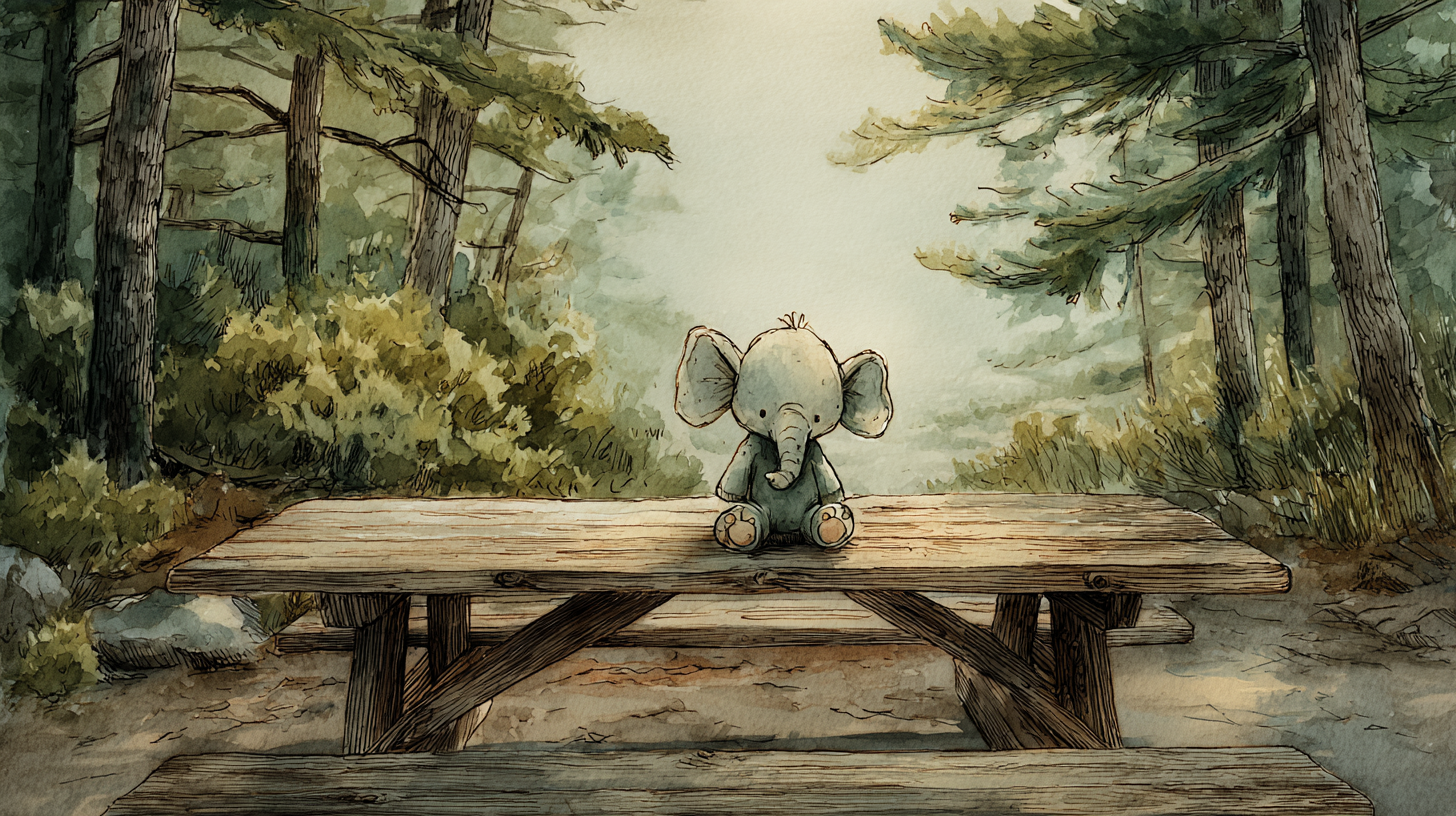 Small elephant sitting on a wooden picnic table in a forest - watercolor illustration